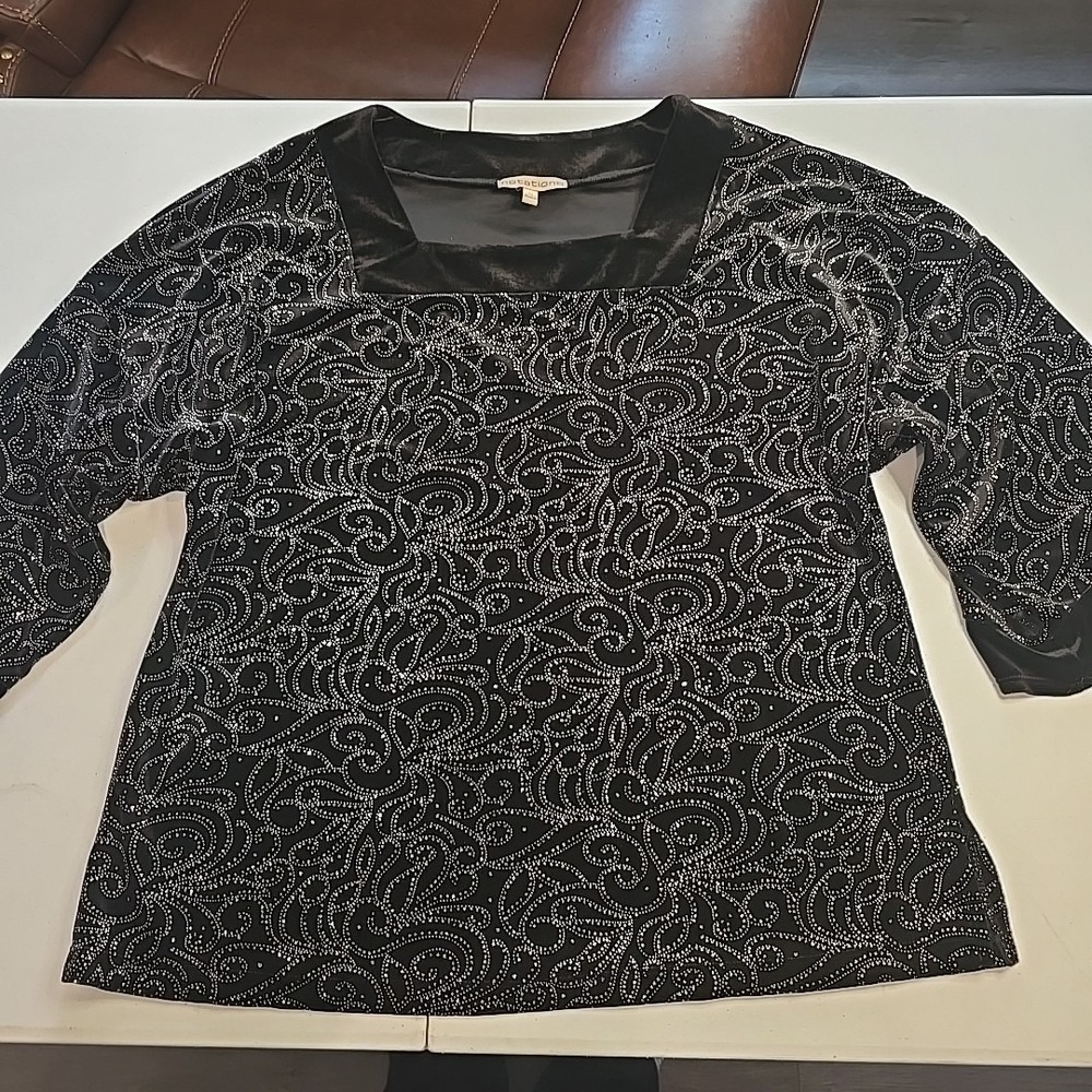 Notations Women's Shirt Velvet Top Black Silver XL Evening Top 3/4 Sleeve Y2K